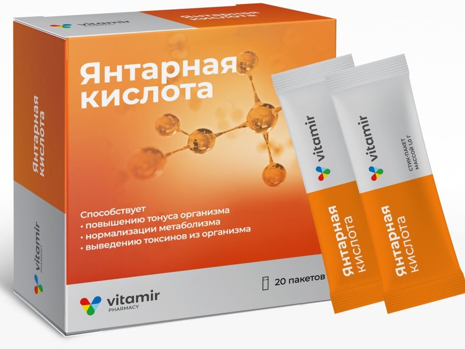 Витамир Янтарная кислота, порошок для приготовления раствора внутрь, 1 г, 20 шт. фото