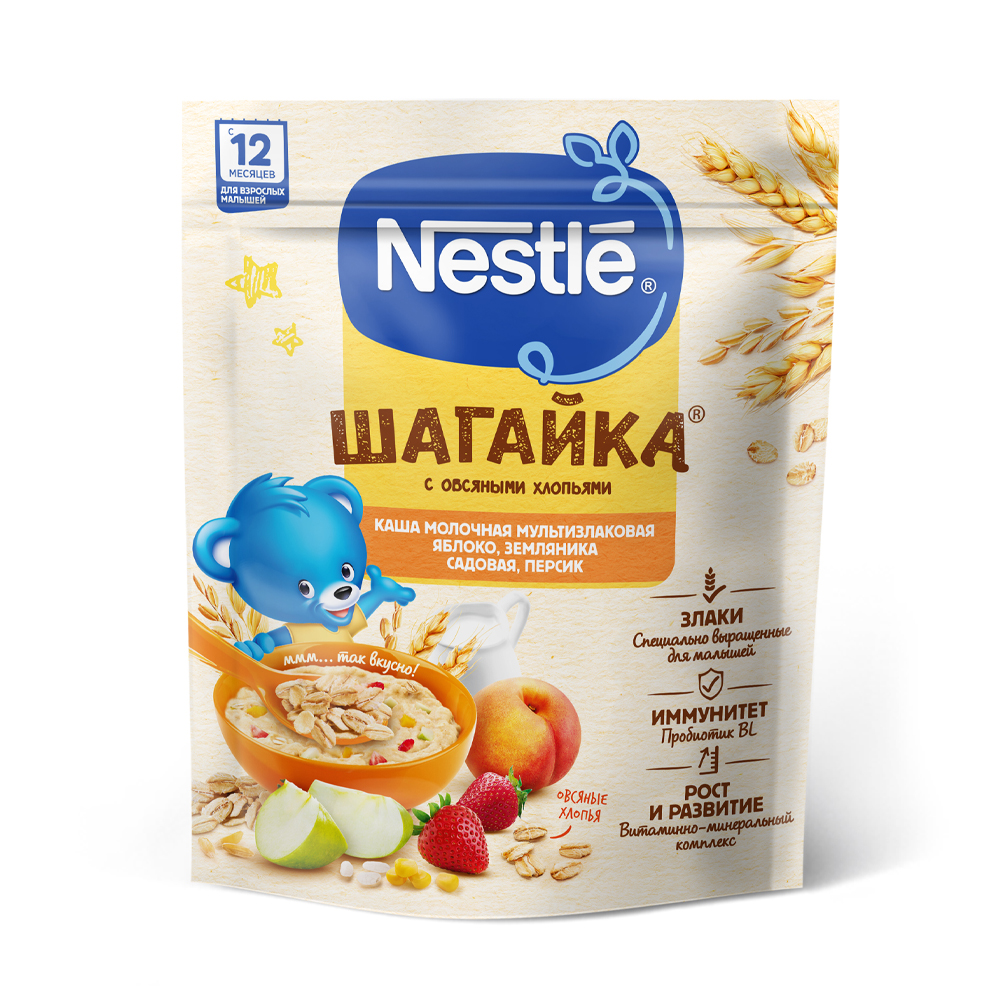 Nestle Шагайка каша молочная мультизлаковая, каша, 190 г, 1 шт, яблоко + земляника + персик фото