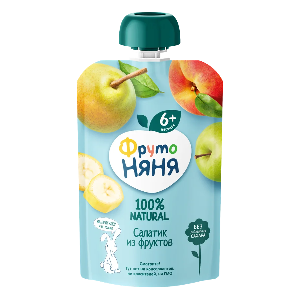 Фрутоняня детское пюре, пюре, 90 г, 1 шт, фруктовый салатик, без сахара фото