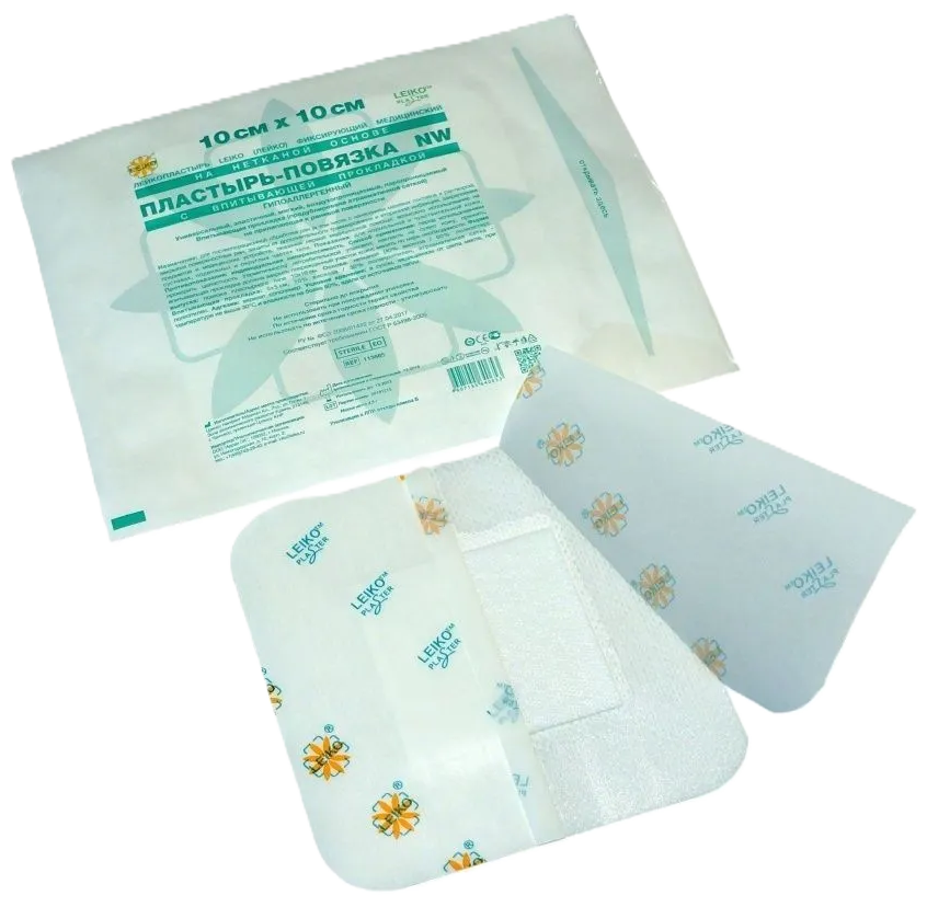 Leiko NW Повязка на рану пластырного типа, 10 см х 10 см, 1 шт, нетканая основа фото