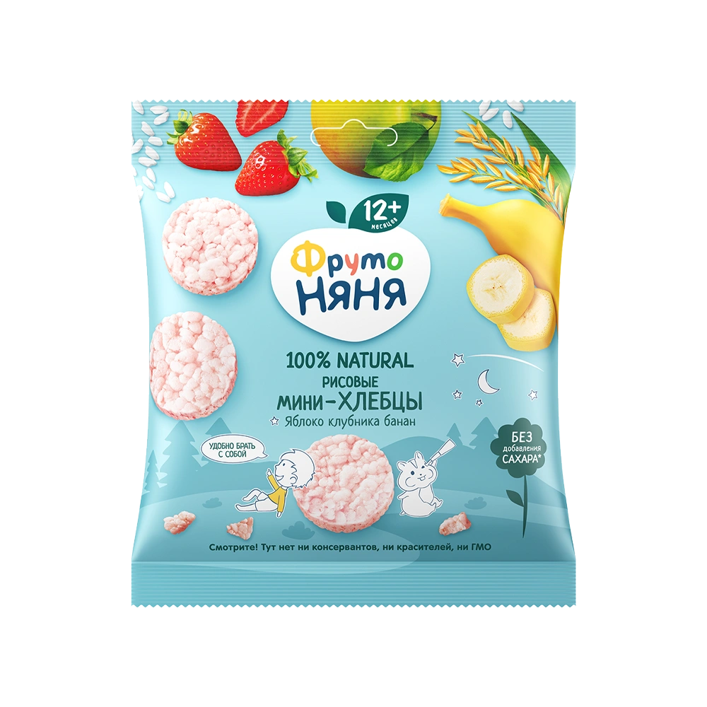 Фрутоняня Мини-хлебцы рисовые, хлебцы, 30 г, 1 шт, яблоко + клубника + банан фото