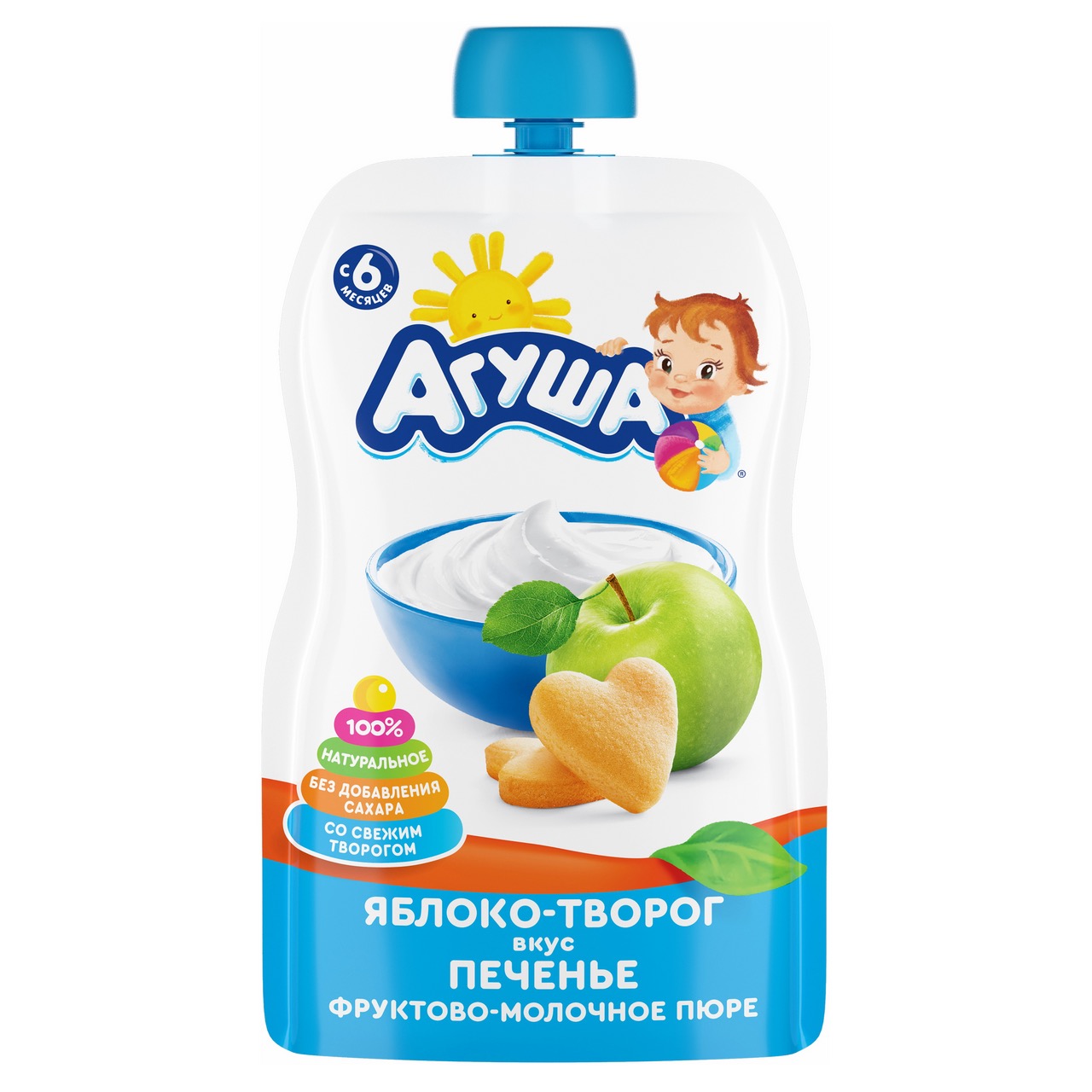 Агуша детское пюре, пюре, 90 г, 1 шт, яблоко + творог + печенье фото