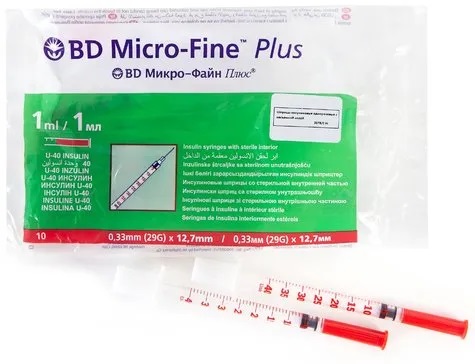 BD Micro-Fine Plus Шприц инсулиновый U-40 с несъемной иглой, 1 мл, шприц в комплекте с иглой, 10 шт, 29G (0,33х12,7 мм) фото