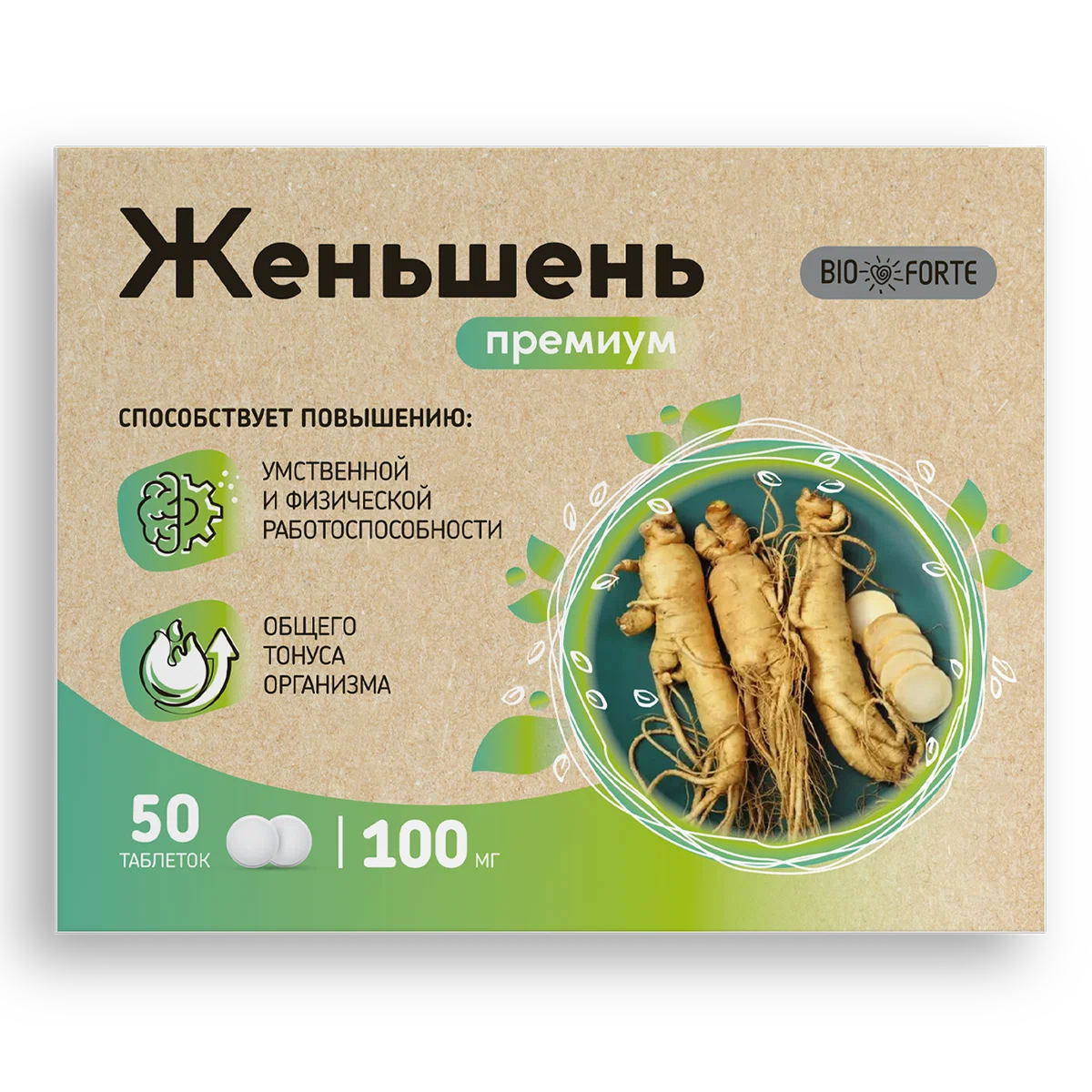 BioForte Женьшень премиум + витамин C, 100 мг, таблетки, 50 шт. фото