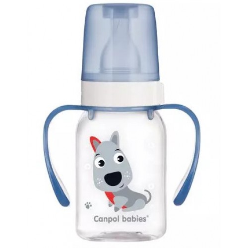 Canpol Cute animals Бутылочка с узким горлышком, ручками и силиконовой соской, 120 мл, 1 шт, цвет в ассортименте, 3+ мес, арт. 11/823 фото