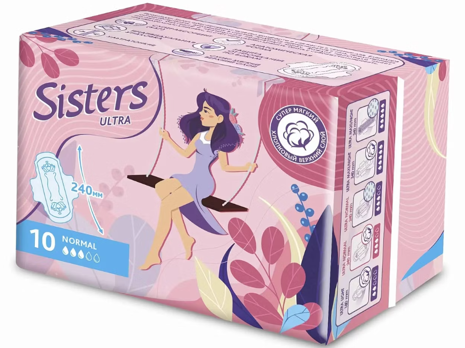 Sisters Ultra Normal Прокладки женские гигиенические, прокладки гигиенические, 10 шт, 3 капли, мягкая поверхность фото