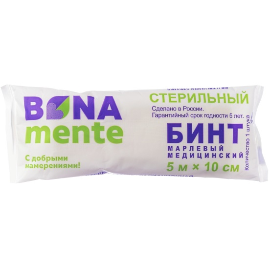 Bona Mente! Бинт медицинский марлевый, 10 см х 5 м, 1 шт, стерильный фото