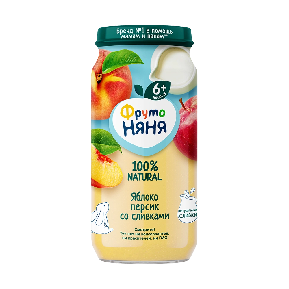 Фрутоняня детское пюре, 6+ мес, пюре, 250 г, 1 шт, яблоко + персик + сливки фото