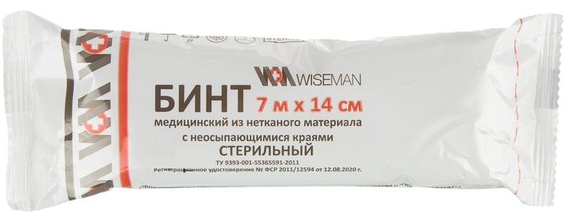 Wiseman Бинт медицинский из нетканого материала стерильный, 7 м х 14 см, 1 шт, с неосыпающимися краями фото
