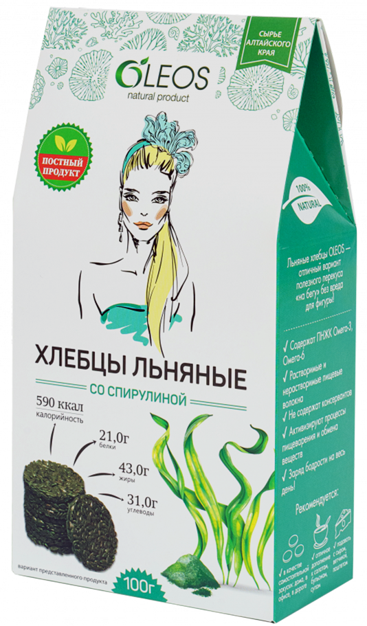 Oleos Хлебцы льняные, хлебцы, 100 г, 1 шт, со спирулиной фото