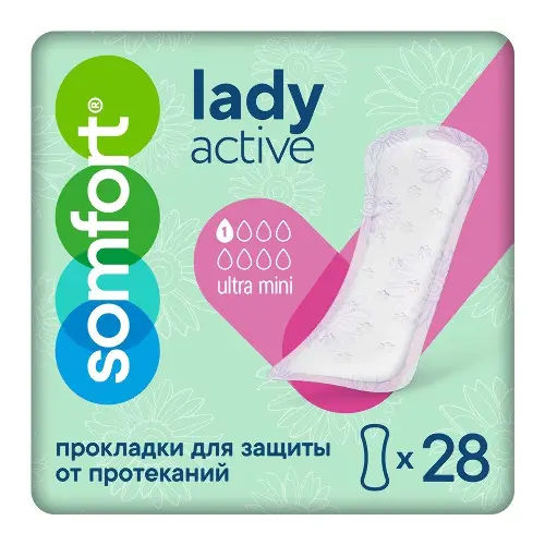 Somfort Lady Active Ultra Mini Прокладки впитывающие, прокладки урологические, 28 шт, 1 капля фото