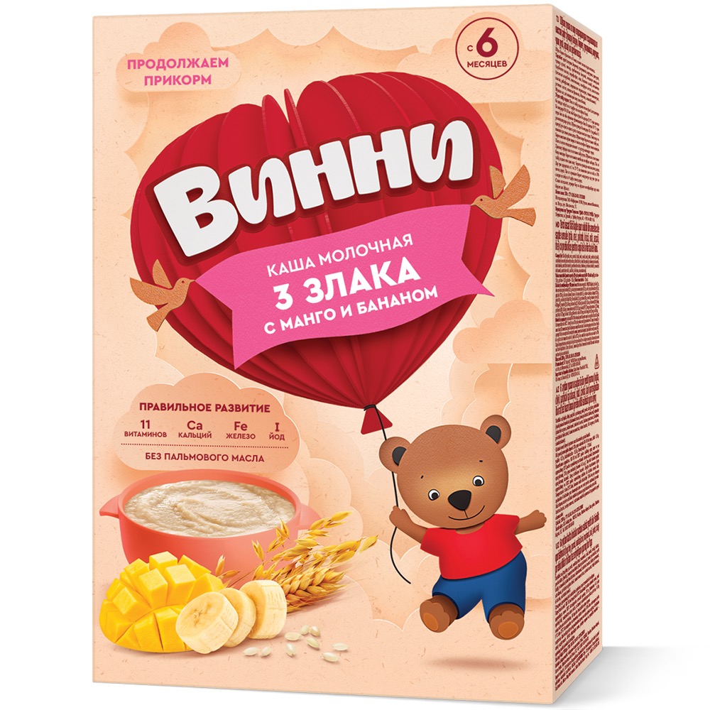 Винни каша молочная 3 злака, каша, 200 г, 1 шт, манго + банан фото