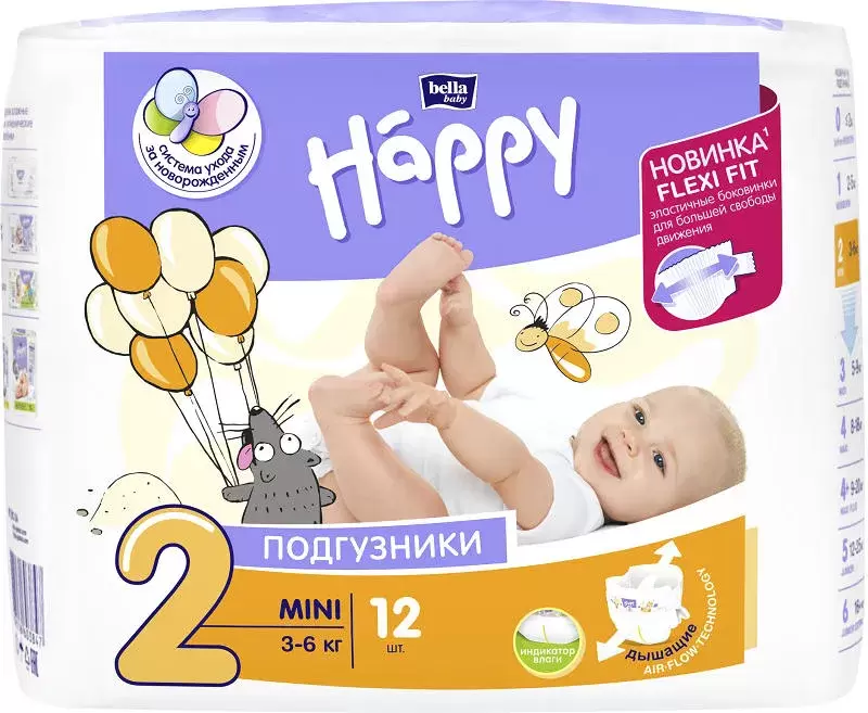 Bella Baby Happy Mini Подгузники детские, р. 2, 12 шт, 3-6кг фото