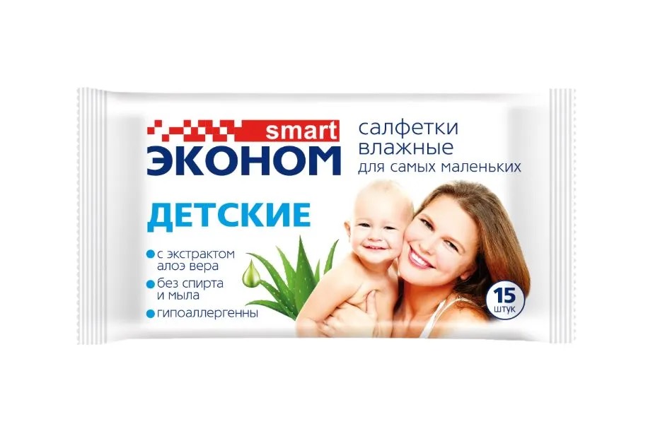 Эконом Smart Салфетки влажные детские, салфетки влажные, 15 шт, с алоэ вера фото