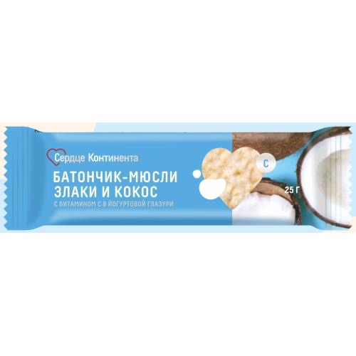 Сердце Континента Батончик-мюсли, батончик, 25 г, 1 шт, кокос + злаки фото