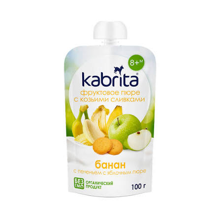 Kabrita Фруктовое пюре с козьими сливками, пюре, 100 г, 1 шт, яблоко + банан + печенье фото