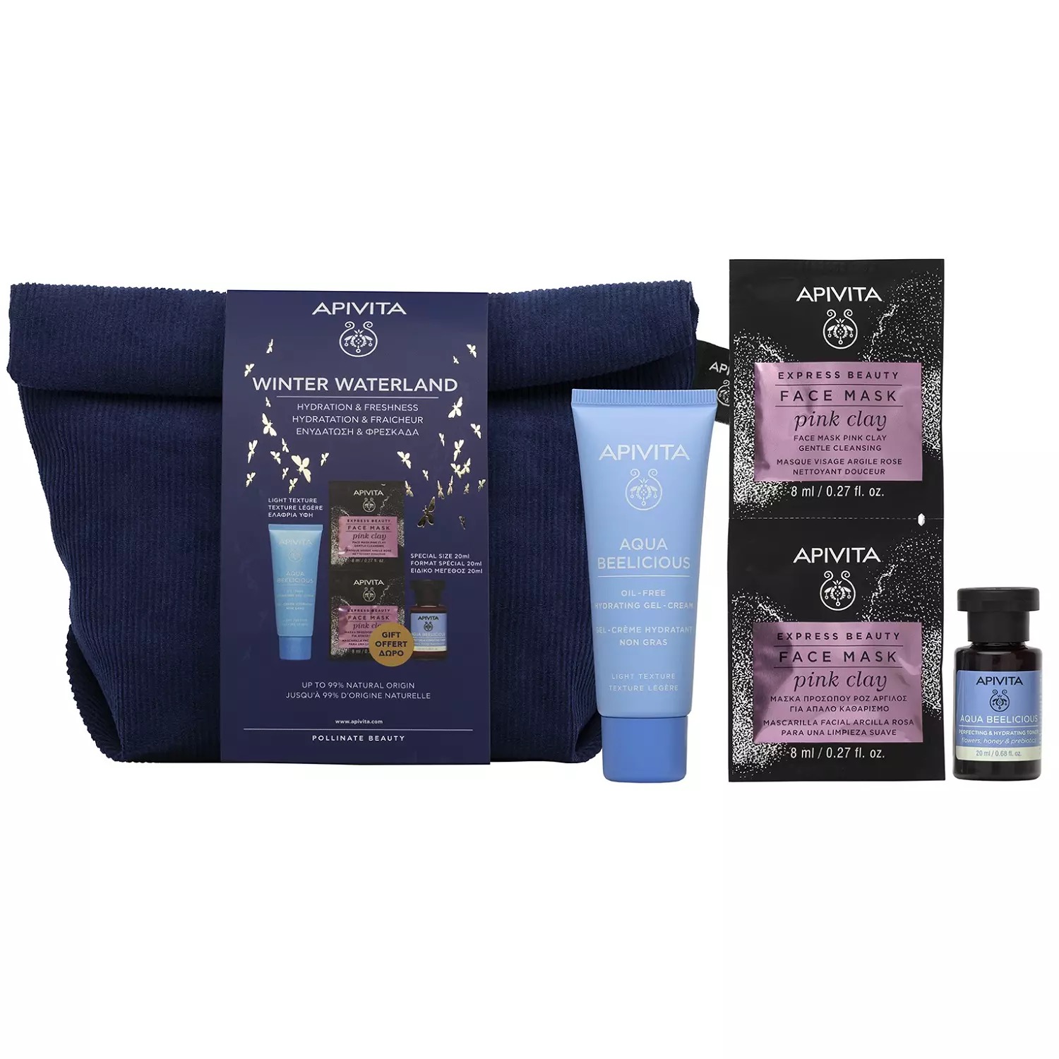 Apivita Aqua Beelicious увлажняющий крем-гель 40 мл + тонер 20 мл + маска для лица с розовой глиной 2х8 мл, набор, 1 шт. фото