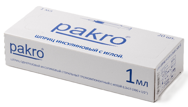 Pakro Шприц инсулиновый 3-х компонентный U-100, 1 мл, шприц в комплекте с иглой, 20 шт, 30G (0.30x13 мм) фото