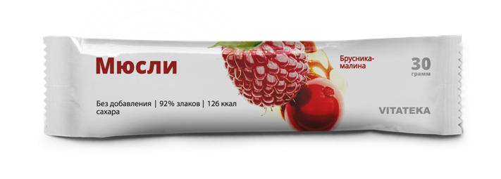 Витатека Мюсли, батончик, 30 г, 1 шт, малина + брусника фото