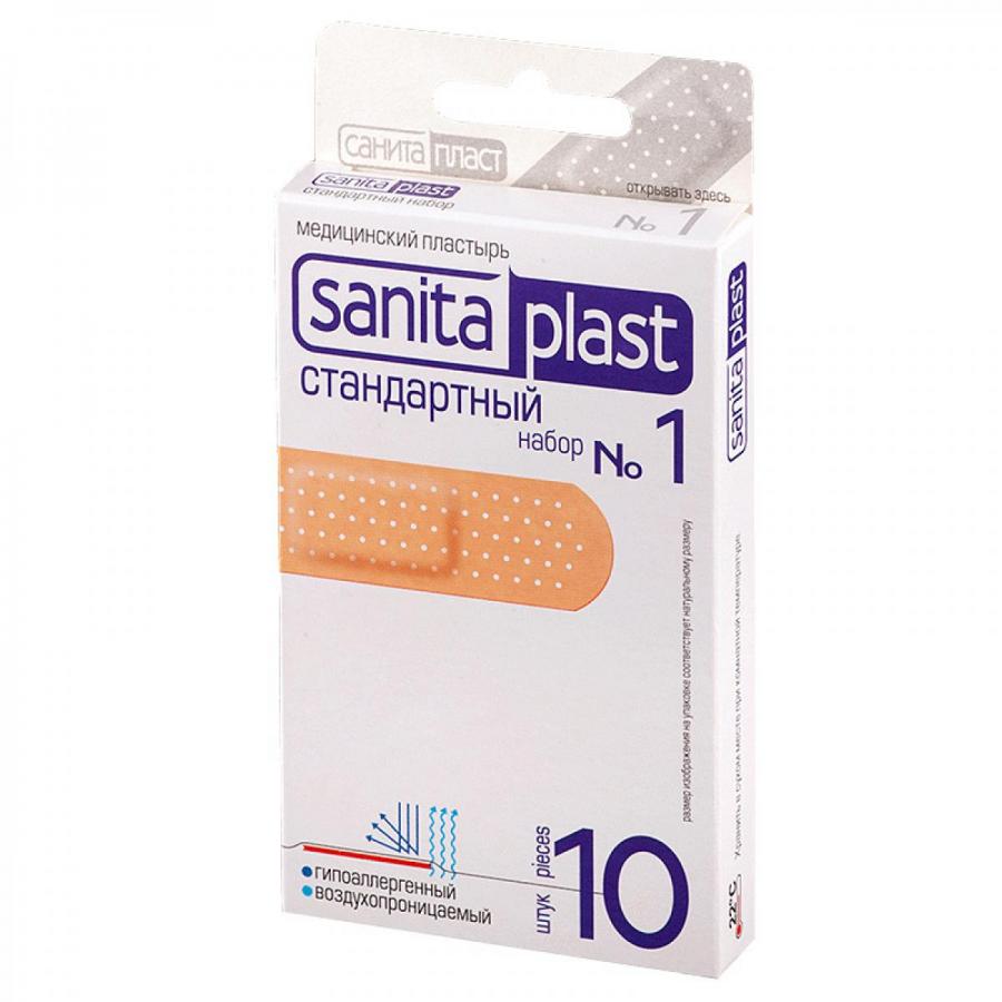 Sanitaplast Стандартный набор пластырей №1, 1.9 см х 7.2 см, 10 шт, телесного цвета, полимерная основа фото