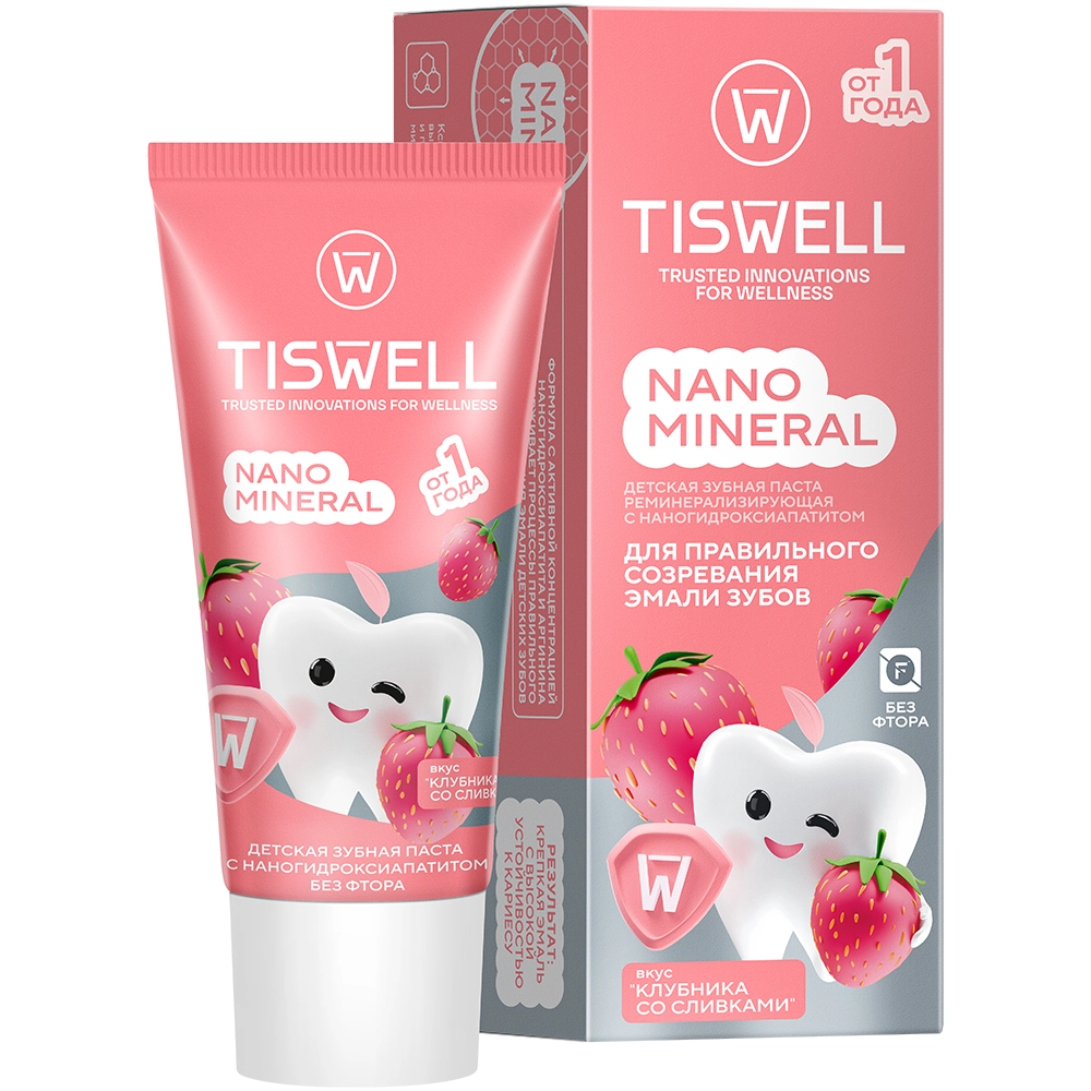 Tiswell nano mineral Зубная паста реминерализующая с наногидроксиапатитом детская, зубная паста, 60 г, 1 шт, клубника со сливками, без фтора, от 1 года фото
