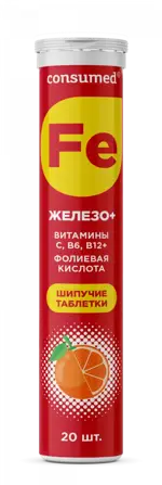 Консумед Железо + витамины C, B6, B12 + фолиевая кислота, таблетки шипучие, 20 шт, апельсин фото