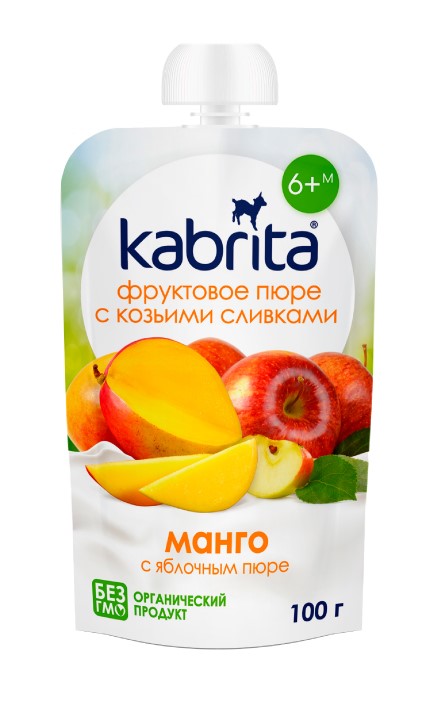 Kabrita Фруктовое пюре с козьими сливками, пюре, 100 г, 1 шт, манго с яблочным пюре фото