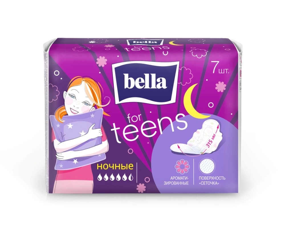 Bella for teens Прокладки ночные ароматизированные с поверхностью сеточка, прокладки гигиенические, 7 шт, 5,5 капель фото
