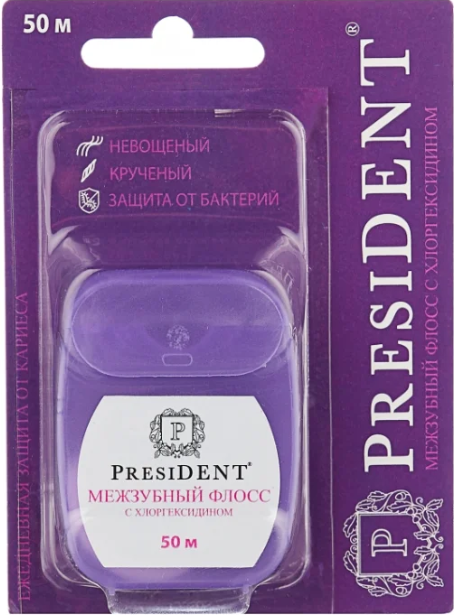 PresiDENT Зубная нить мятная с хлоргексидином невощеная, 50 м, нить зубная, 1 шт. фото