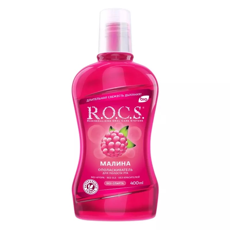 ROCS Ополаскиватель для полости рта, раствор для полоскания полости рта, 400 мл, 1 шт, малина, без фтора фото