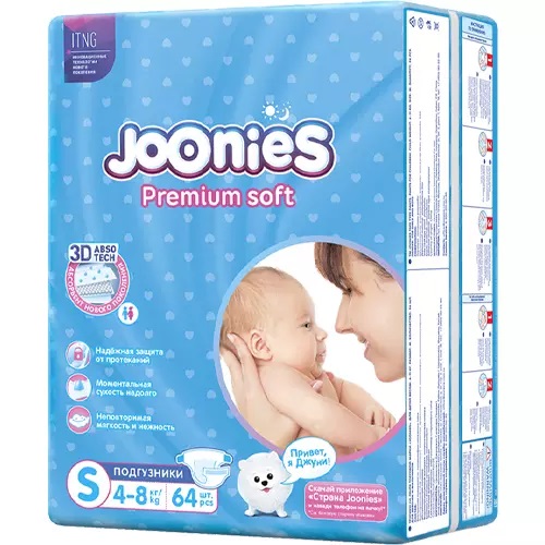 Joonies Premium Soft Подгузники для детей, S, 64 шт, 4-8 кг фото