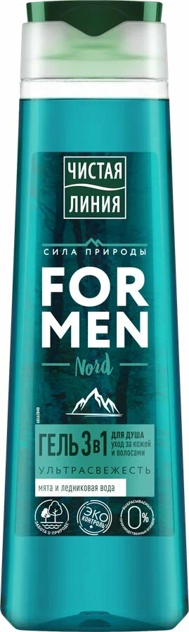 Чистая линия for men Гель для душа 3 в 1 Ультра свежесть, гель для душа, 400 мл, 1 шт, мята и ледниковая вода фото