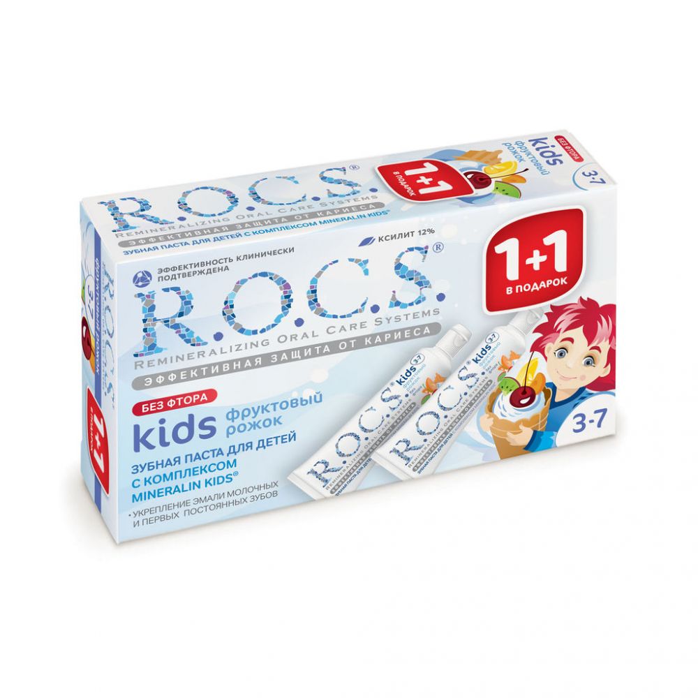 ROCS Kids, паста зубная, 45 г, 2 шт, фруктовый рожок (со вкусом мороженого), без фтора фото