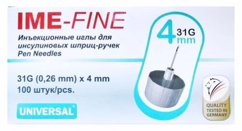 IME-FINE Иглы универсальные инъекционные одноразовые для инсулиновых шприц-ручек, 100 шт, 31G (0,26x4 мм) фото