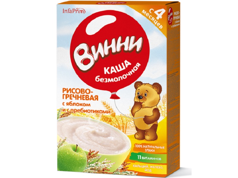 Винни каша безмолочная рисово-гречневая с пребиотиками, каша, 200 г, 1 шт, с яблоком фото