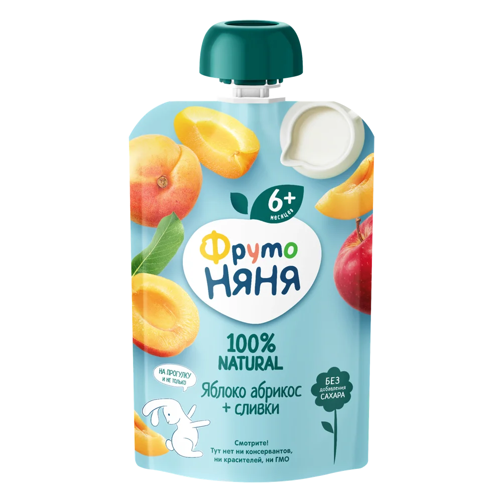 Фрутоняня детское пюре, пюре, 90 г, 1 шт, яблоко + абрикос + сливки, без сахара фото