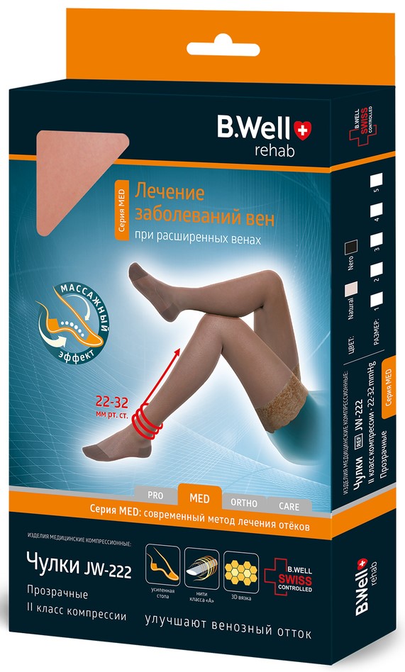 B.Well Med Чулки компрессионные прозрачные, 2 класс компрессии (22-32 mmHg), р. 2, пара, 1 шт, телесного цвета, арт. JW-222, с ажурной резинкой фото