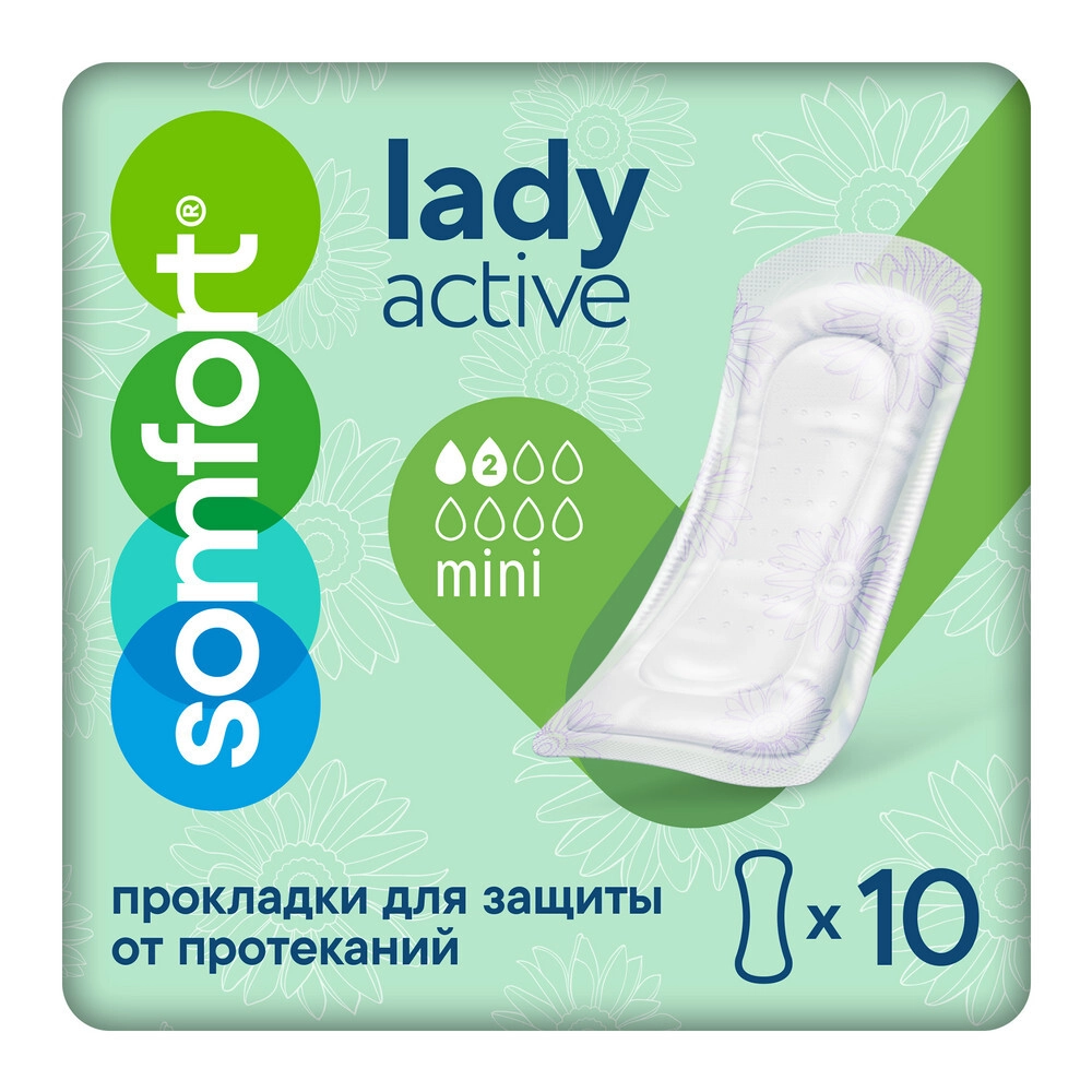 Somfort Lady Active Mini Прокладки впитывающие, прокладки урологические, 10 шт, 2 капли фото