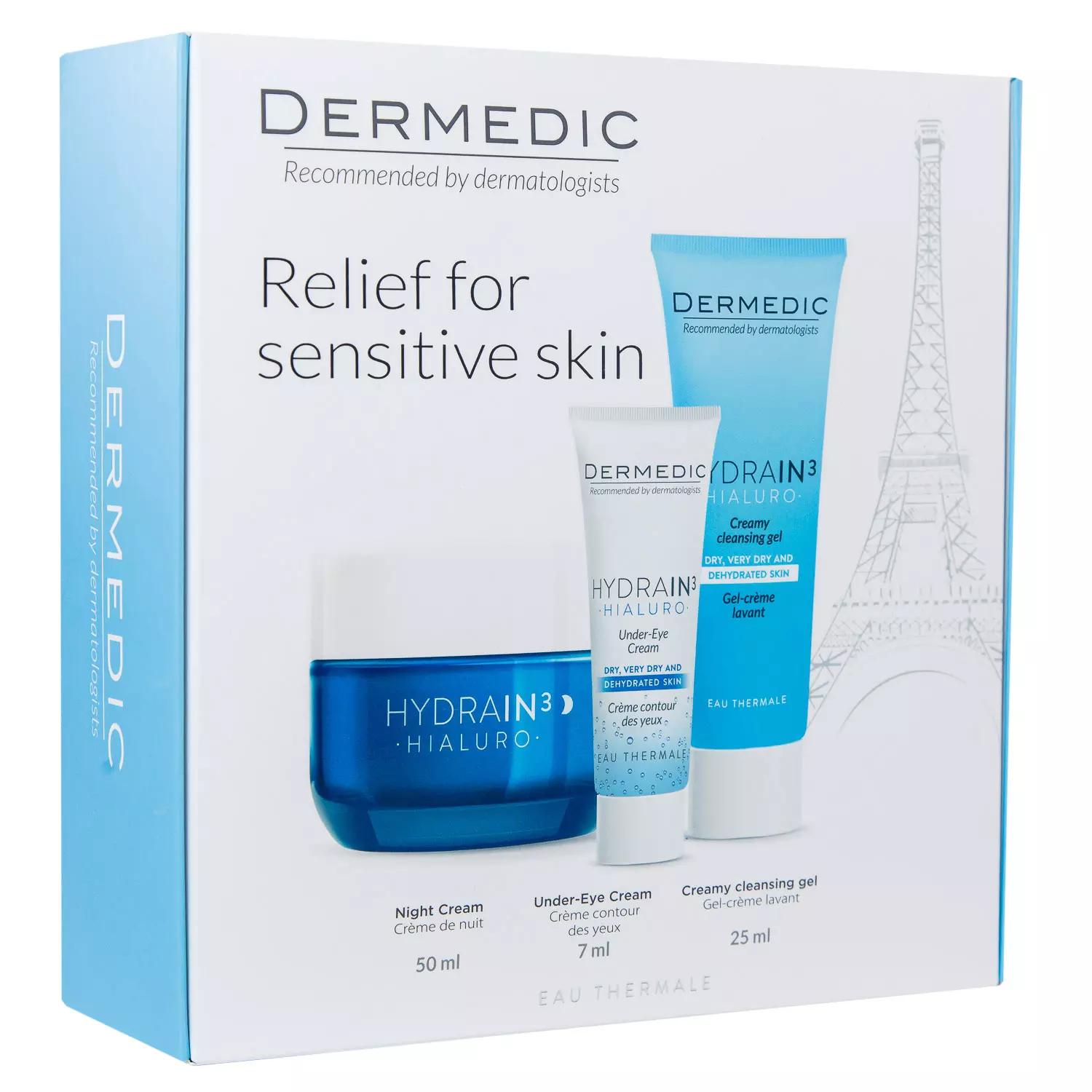 Дермедик Hydrain 3 ночной крем 50 мл + крем под глаза 7 мл + очищающий гель 25 мл, набор, 1 шт. фото