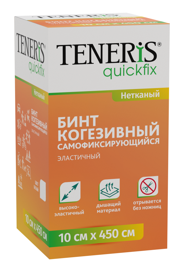 Teneris Quickfix Бинт когезивный самофиксирующийся эластичный, 10 см x 4.5 м, 1 шт, белый, нетканая основа фото