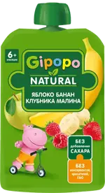 Gipopo детское пюре, 6+ мес, пюре, 90 г, 1 шт, яблоко + банан + клубника + малина фото