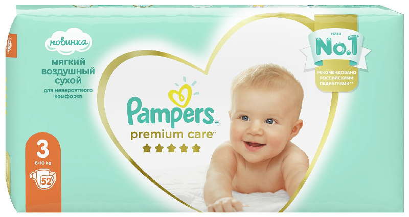 Pampers Premium Care Подгузники детские, р. 3, 52 шт, 6-10 кг фото