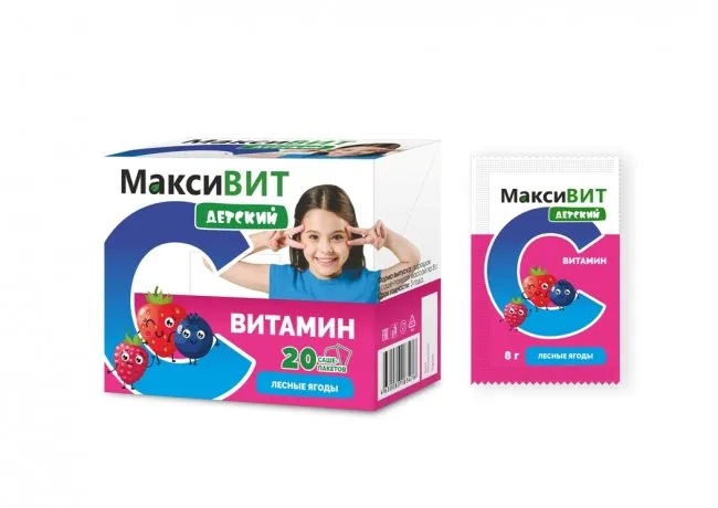 Максивит Витамин С, порошок для приема внутрь, 8 г, 20 шт, лесные ягоды, детский фото