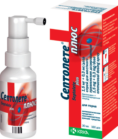 Септолете плюс, 1.5 мг + 0.3 мг/доза, спрей для местного применения дозированный, 30 мл, 1 шт. фото