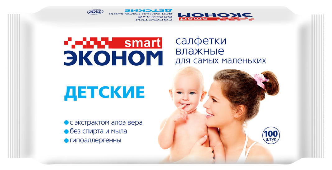 Эконом Smart Салфетки влажные детские, салфетки влажные, 100 шт, с алоэ вера фото