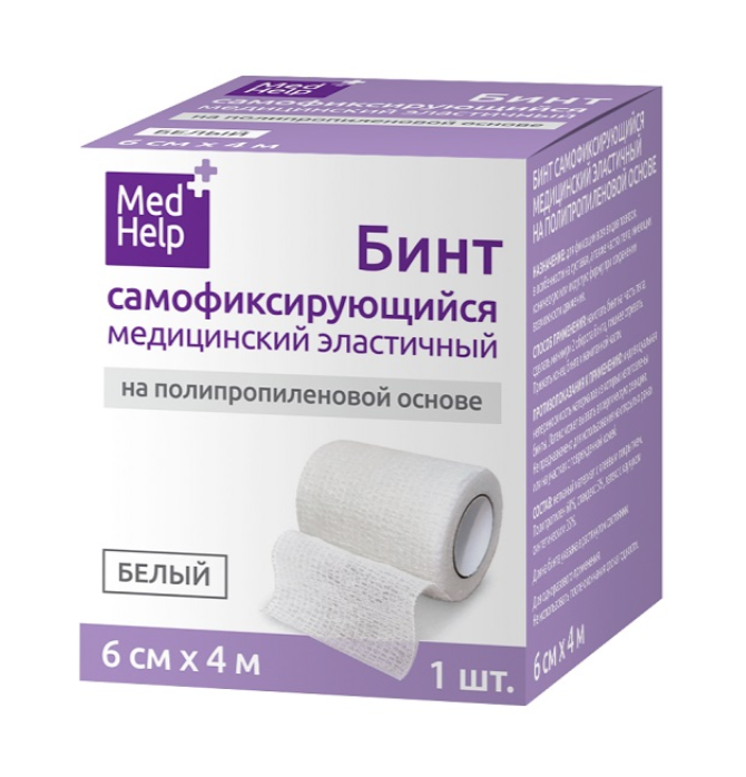 Медхелп Бинт самофиксирующийся медицинский эластичный, 6 см х 4 м, 1 шт, белый, полипропиленовая основа фото