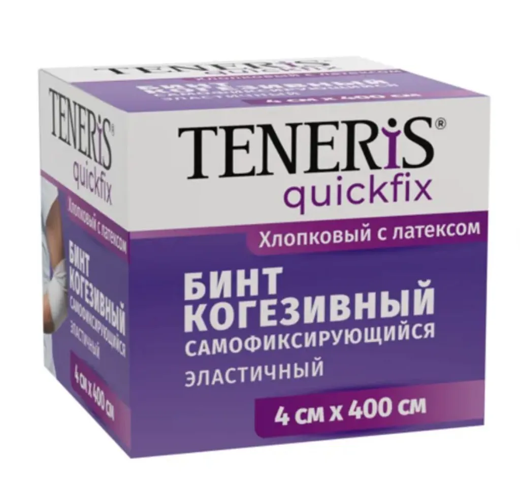 Teneris Quickfix Бинт когезивный самофиксирующийся эластичный, 4 см х 4 м, 1 шт, с латексом фото