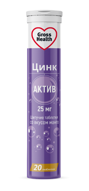 Gross Health Цинк Актив, 25 мг, таблетки шипучие, 20 шт, манго фото