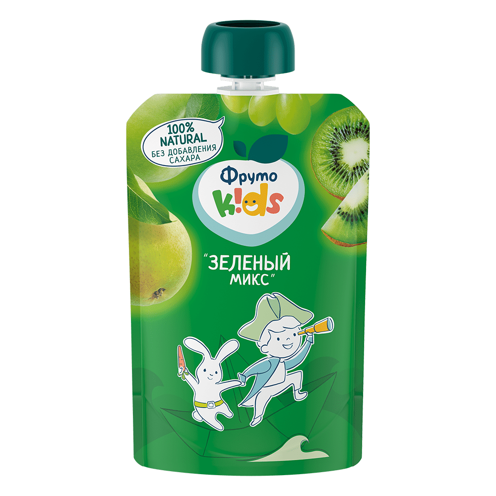 Фрутоняня детское пюре, пюре, 90 г, 1 шт, зеленый микс (яблоко + груша + киви + виноград) фото