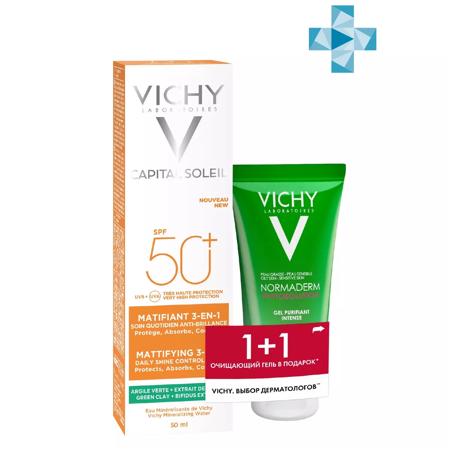 Vichy Capital Soleil матирующий уход 3 в 1 SPF 50 40 мл + Phytosution гель для умывания 50 мл, набор, 1 шт. фото